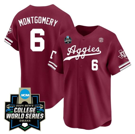 Men's Braden Montgomery Jersey #6 Texas AM Aggies 2024 College World Series Vapor Premier Limited NCAA Baseball Stitched Aggie Maroon