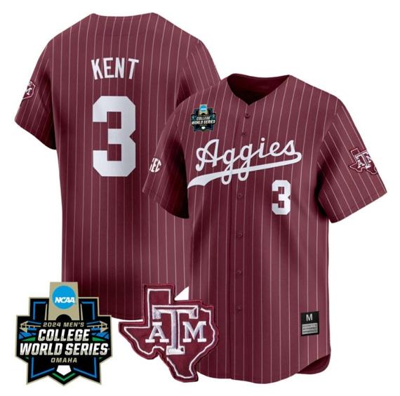 Men's Kaeden Kent Jersey #3 Texas AM Aggies 2024 College World Series Vapor Premier Limited NCAA Baseball Stitched Maroon Pinstripe