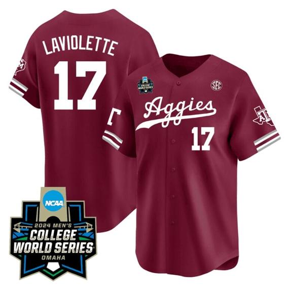Men's Jace Laviolette Jersey #17 Texas AM Aggies 2024 College World Series Vapor Premier Limited NCAA Baseball Stitched Aggie Maroon