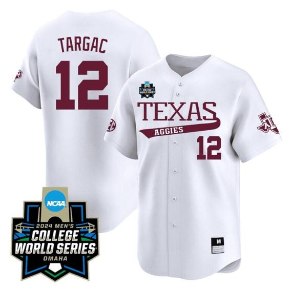Men's Rayan Targac Jersey #12 Texas AM Aggies 2024 College World Series Vapor Premier Limited NCAA Baseball Stitched White