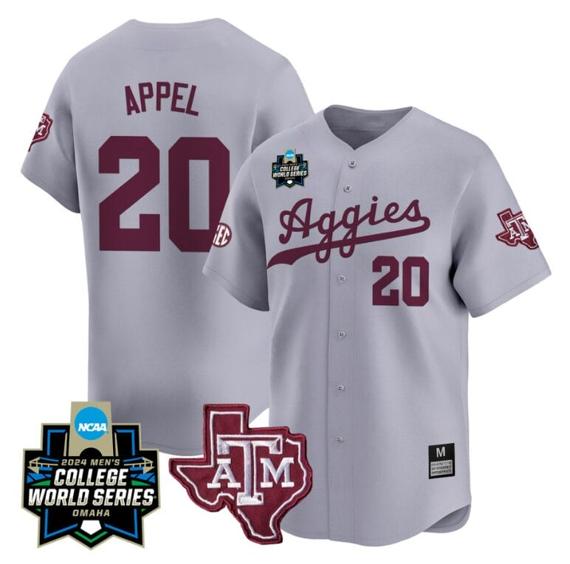 Men's Jackson Appel Jersey #20 Texas AM Aggies 2024 College World Series Vapor Premier Limited NCAA Baseball Stitched Gray