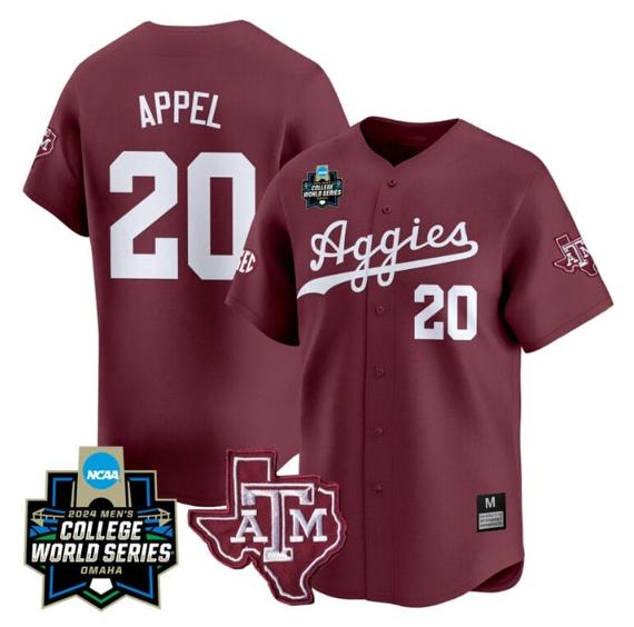 Men's Jackson Appel Jersey #20 Texas AM Aggies 2024 College World Series Vapor Premier Limited NCAA Baseball Stitched Maroon