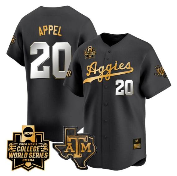 Men's Jackson Appel Jersey #20 Texas AM Aggies 2024 College World Series Vapor Premier Limited NCAA Baseball Stitched Black Gold