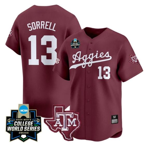 Men's Caden Sorrell Jersey #13 Texas AM Aggies 2024 College World Series Vapor Premier Limited NCAA Baseball Stitched Maroon