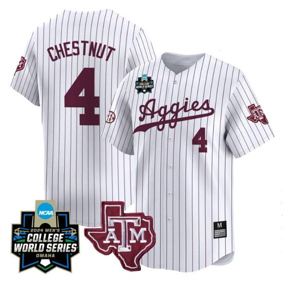 Men's Travis Chestnut Jersey #4 Texas AM Aggies 2024 College World Series Vapor Premier Limited NCAA Baseball Stitched White Pinstripe