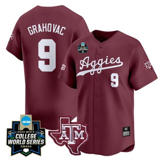 Men's Gavin Grahovac Jersey #9 Texas AM Aggies 2024 College World Series Vapor Premier Limited NCAA Baseball Stitched Maroon