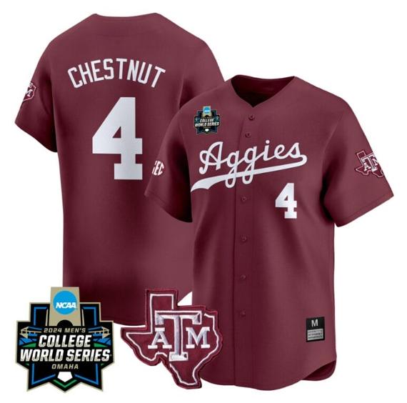 Men's Travis Chestnut Jersey #4 Texas AM Aggies 2024 College World Series Vapor Premier Limited NCAA Baseball Stitched Maroon