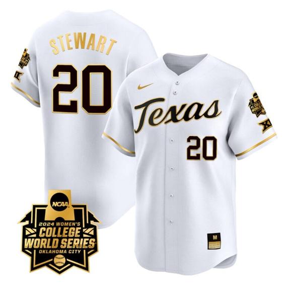 Men's Katie Stewart Jersey #20 Texas AM Aggies 2024 College World Series Patch Vapor Premier Limited NCAA Baseball Stitched White Gold