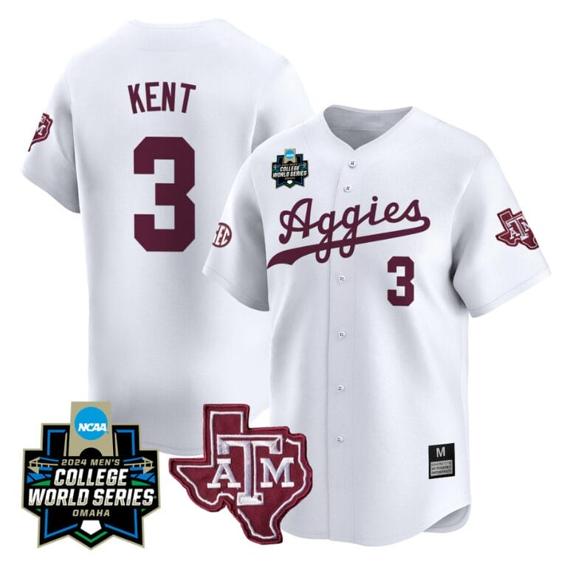 Men's Kaeden Kent Jersey #3 Texas AM Aggies 2024 College World Series Vapor Premier Limited NCAA Baseball Stitched White