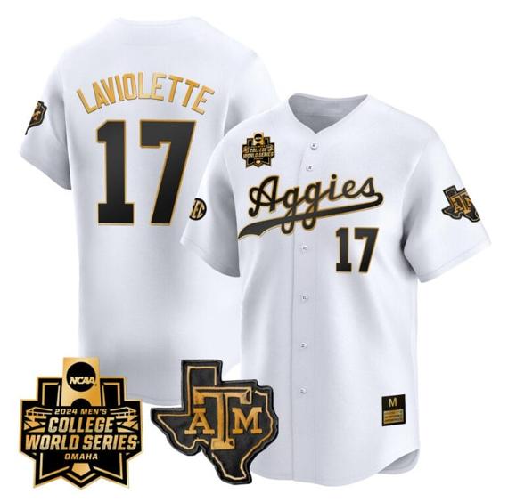 Men's Jace Laviolette Jersey #17 Texas AM Aggies 2024 College World Series Vapor Premier Limited NCAA Baseball Stitched White Gold