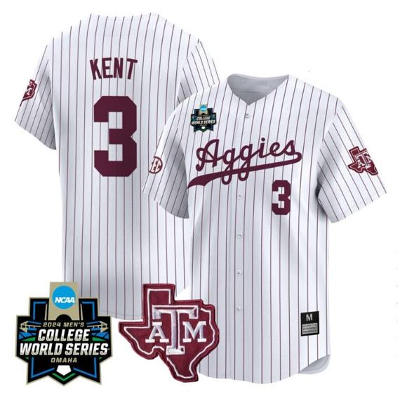 Men's Kaeden Kent Jersey #3 Texas AM Aggies 2024 College World Series Vapor Premier Limited NCAA Baseball Stitched White Pinstripe