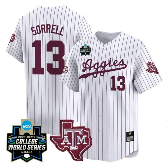 Men's Caden Sorrell Jersey #13 Texas AM Aggies 2024 College World Series Vapor Premier Limited NCAA Baseball Stitched White Pinstripe