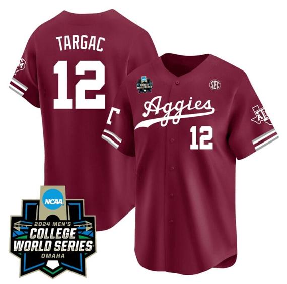 Men's Rayan Targac Jersey #12 Texas AM Aggies 2024 College World Series Vapor Premier Limited NCAA Baseball Stitched Aggie Maroon