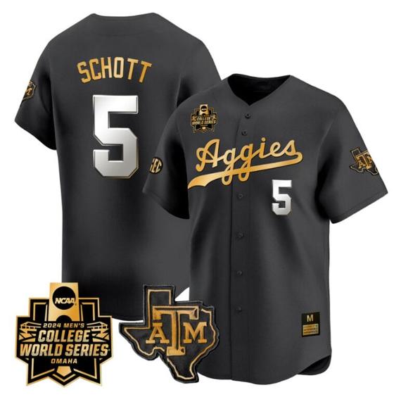 Men's Hayden Schott Jersey #5 Texas AM Aggies 2024 College World Series Vapor Premier Limited NCAA Baseball Stitched Black Gold