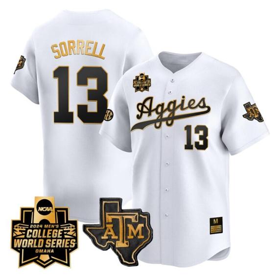 Men's Caden Sorrell Jersey #13 Texas AM Aggies 2024 College World Series Vapor Premier Limited NCAA Baseball Stitched White Gold