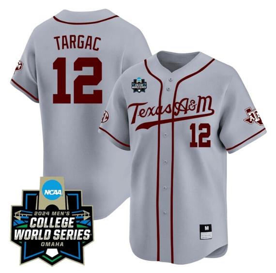 Men's Rayan Targac Jersey #12 Texas AM Aggies 2024 College World Series Vapor Premier Limited NCAA Baseball Stitched Grey Alternate