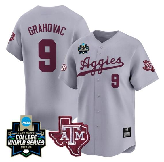 Men's Gavin Grahovac Jersey #9 Texas AM Aggies 2024 College World Series Vapor Premier Limited NCAA Baseball Stitched Gray