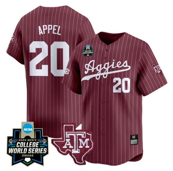 Men's Jackson Appel Jersey #20 Texas AM Aggies 2024 College World Series Vapor Premier Limited NCAA Baseball Stitched Maroon Pinstripe