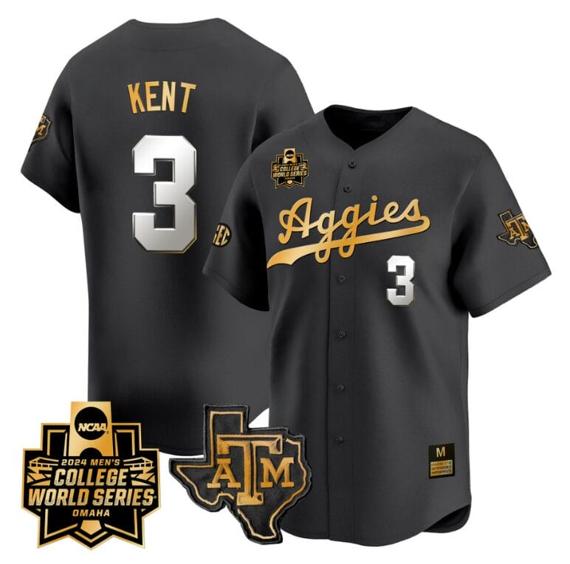 Men's Kaeden Kent Jersey #3 Texas AM Aggies 2024 College World Series Vapor Premier Limited NCAA Baseball Stitched Black Gold