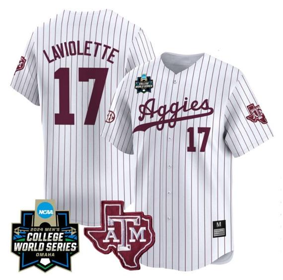 Men's Jace Laviolette Jersey #17 Texas AM Aggies 2024 College World Series Vapor Premier Limited NCAA Baseball Stitched White Pinstripe