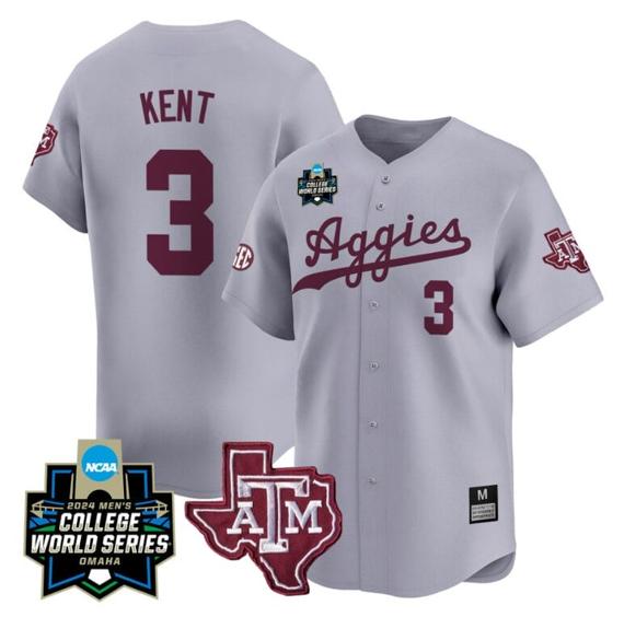 Men's Kaeden Kent Jersey #3 Texas AM Aggies 2024 College World Series Vapor Premier Limited NCAA Baseball Stitched Gray
