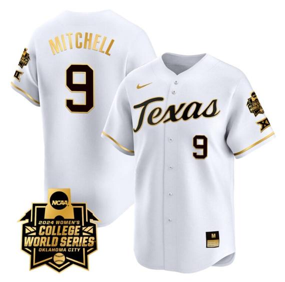 Men's Joley Mitchell Jersey #9 Texas AM Aggies 2024 College World Series Patch Vapor Premier Limited NCAA Baseball Stitched White Gold