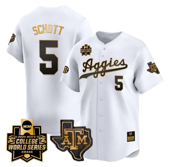Men's Hayden Schott Jersey #5 Texas AM Aggies 2024 College World Series Vapor Premier Limited NCAA Baseball Stitched White Gold