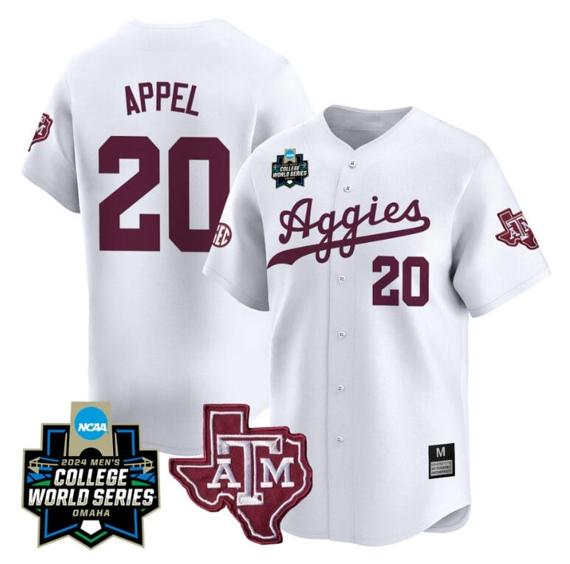 Men's Jackson Appel Jersey #20 Texas AM Aggies 2024 College World Series Vapor Premier Limited NCAA Baseball Stitched White