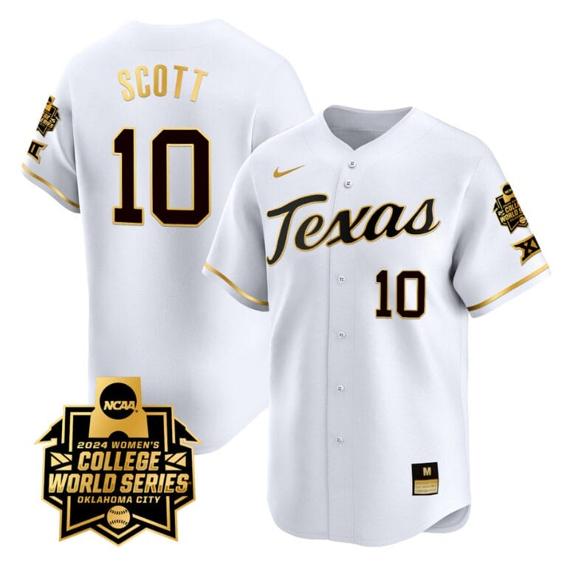Men's Mia Scott Jersey #10 Texas AM Aggies 2024 College World Series Patch Vapor Premier Limited NCAA Baseball Stitched White Gold