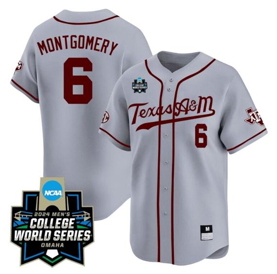 Men's Braden Montgomery Jersey #6 Texas AM Aggies 2024 College World Series Vapor Premier Limited NCAA Baseball Stitched Grey Alternate