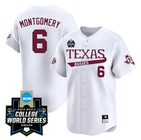Men's Braden Montgomery Jersey #6 Texas AM Aggies 2024 College World Series Vapor Premier Limited NCAA Baseball Stitched White