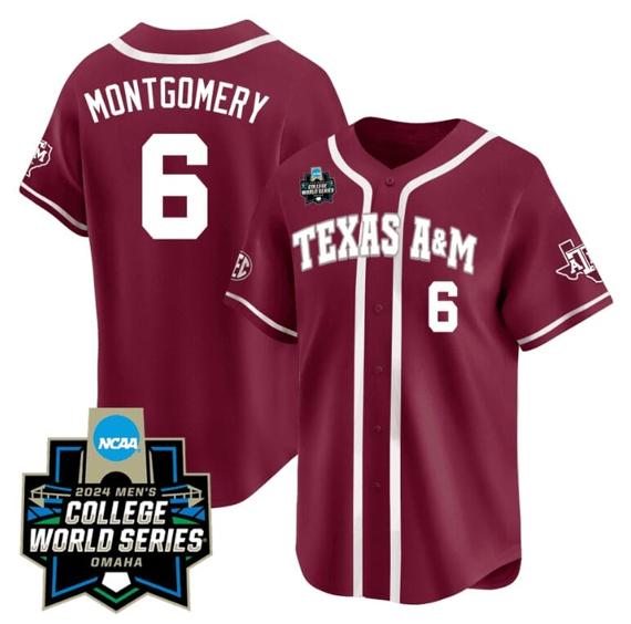 Men's Braden Montgomery Jersey #6 Texas AM Aggies 2024 College World Series Vapor Premier Limited NCAA Baseball Stitched Maroon Alternate