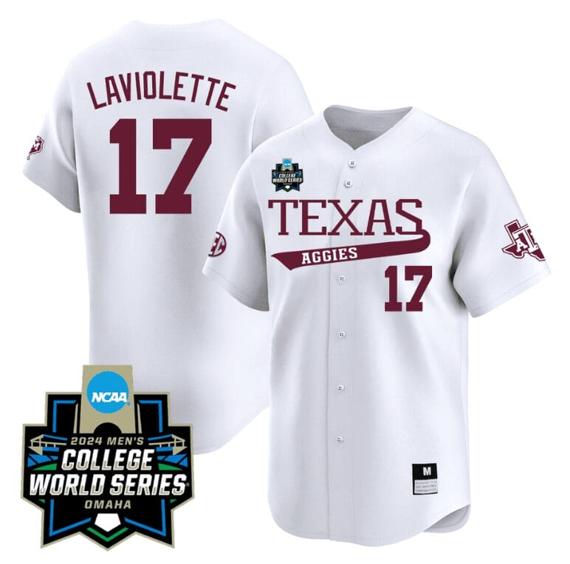 Men's Jace Laviolette Jersey #17 Texas AM Aggies 2024 College World Series Vapor Premier Limited NCAA Baseball Stitched White