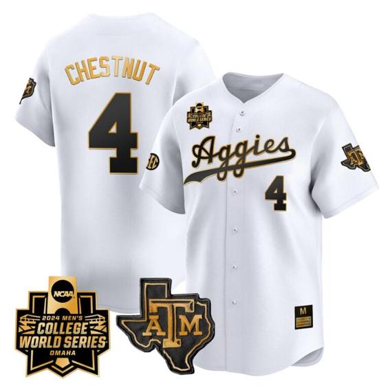 Men's Travis Chestnut Jersey #4 Texas AM Aggies 2024 College World Series Vapor Premier Limited NCAA Baseball Stitched White Gold