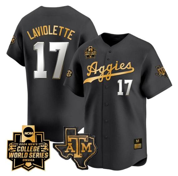 Men's Jace Laviolette Jersey #17 Texas AM Aggies 2024 College World Series Vapor Premier Limited NCAA Baseball Stitched Black Gold