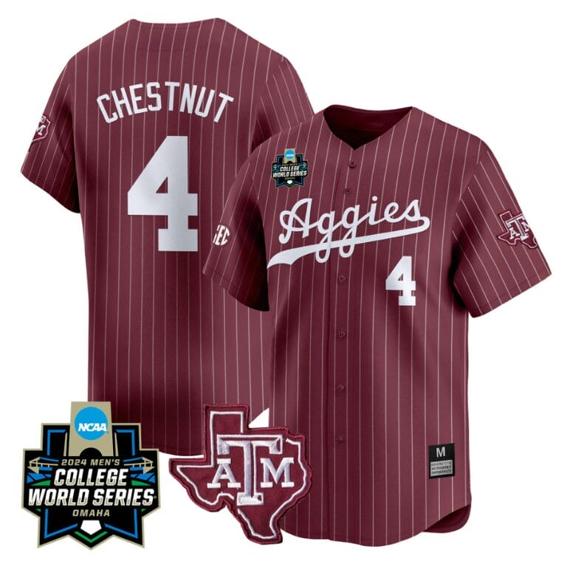 Men's Travis Chestnut Jersey #4 Texas AM Aggies 2024 College World Series Vapor Premier Limited NCAA Baseball Stitched Maroon Stripe