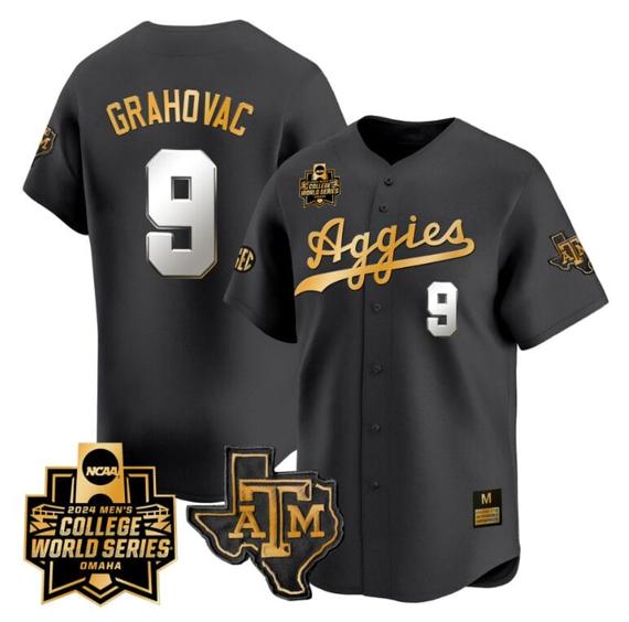 Men's Gavin Grahovac Jersey #9 Texas AM Aggies 2024 College World Series Vapor Premier Limited NCAA Baseball Stitched Black Gold