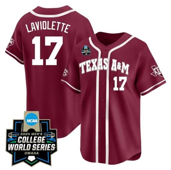 Men's Jace Laviolette Jersey #17 Texas AM Aggies 2024 College World Series Vapor Premier Limited NCAA Baseball Stitched Maroon Alternate