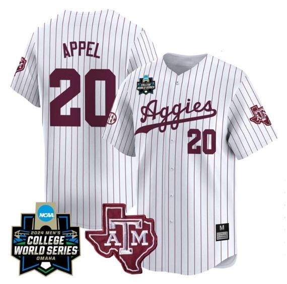 Men's Jackson Appel Jersey #20 Texas AM Aggies 2024 College World Series Vapor Premier Limited NCAA Baseball Stitched White Pinstripe