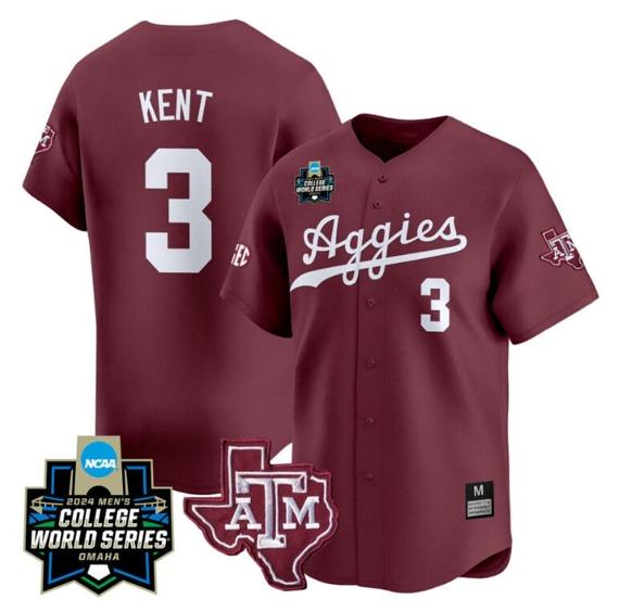 Men's Kaeden Kent Jersey #3 Texas AM Aggies 2024 College World Series Vapor Premier Limited NCAA Baseball Stitched Maroon