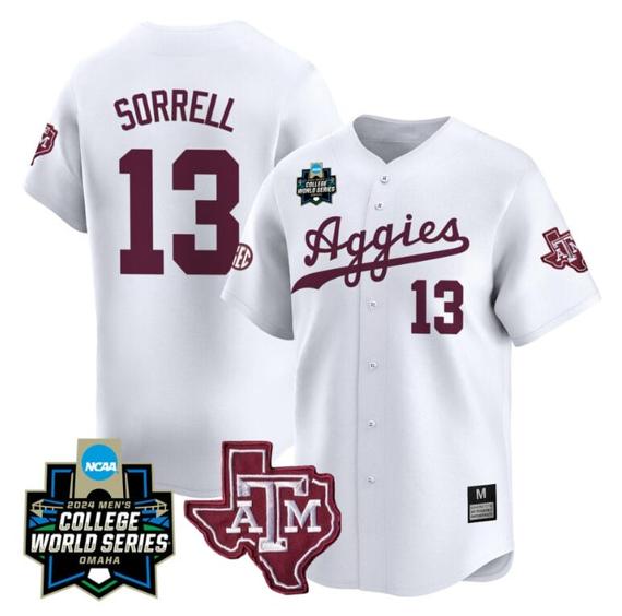 Men's Caden Sorrell Jersey #13 Texas AM Aggies 2024 College World Series Vapor Premier Limited NCAA Baseball Stitched White