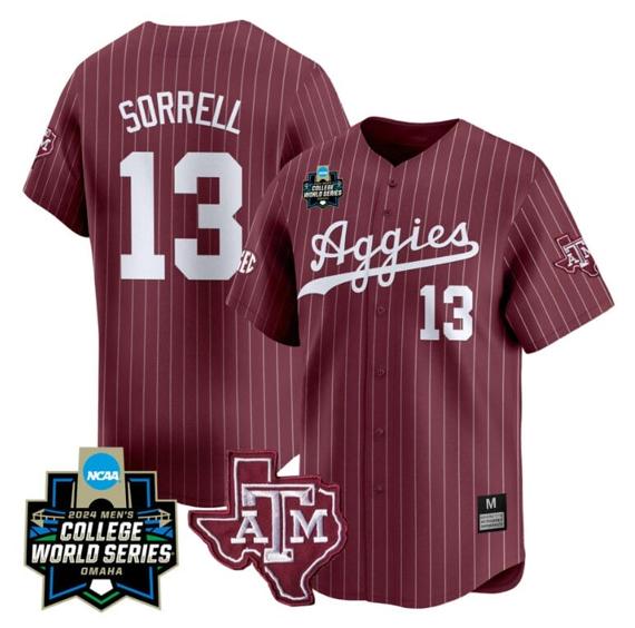 Men's Caden Sorrell Jersey #13 Texas AM Aggies 2024 College World Series Vapor Premier Limited NCAA Baseball Stitched Maroon Pinstripe