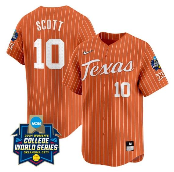 Men's Mia Scott Jersey #10 Texas AM Aggies 2024 College World Series Patch Vapor Premier Limited NCAA Baseball Stitched Pinstripe Orange