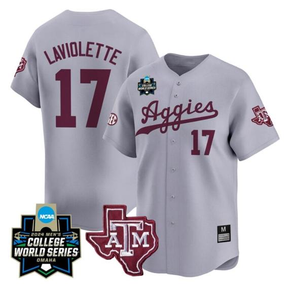 Men's Jace Laviolette Jersey #17 Texas AM Aggies 2024 College World Series Vapor Premier Limited NCAA Baseball Stitched Gray