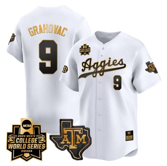 Men's Gavin Grahovac Jersey #9 Texas AM Aggies 2024 College World Series Vapor Premier Limited NCAA Baseball Stitched White Gold