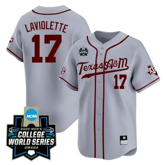 Men's Jace Laviolette Jersey #17 Texas AM Aggies 2024 College World Series Vapor Premier Limited NCAA Baseball Stitched Grey Alternate