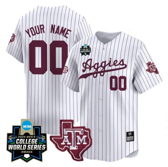 Men's Custom Texas AM Aggies Jersey 2024 College World Series Vapor Premier Limited NCAA Baseball Stitched White Pinstripe