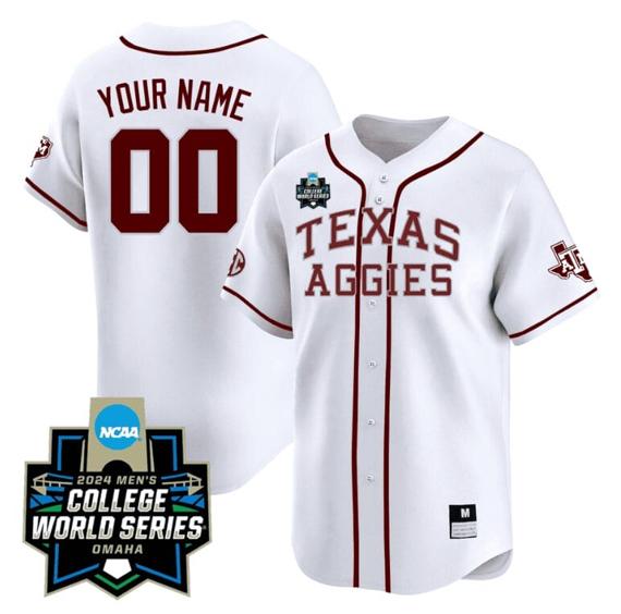 Men's Custom Texas AM Aggies Jersey 2024 College World Series Vapor Premier Limited V2 NCAA Baseball Stitched White Alternate