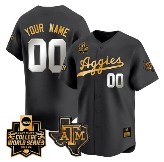 Men's Custom Texas AM Aggies Jersey 2024 College World Series Vapor Premier Limited NCAA Baseball Stitched Black Gold