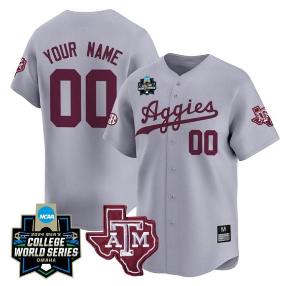 Men's Custom Texas AM Aggies Jersey 2024 College World Series Vapor Premier Limited NCAA Baseball Stitched Gray